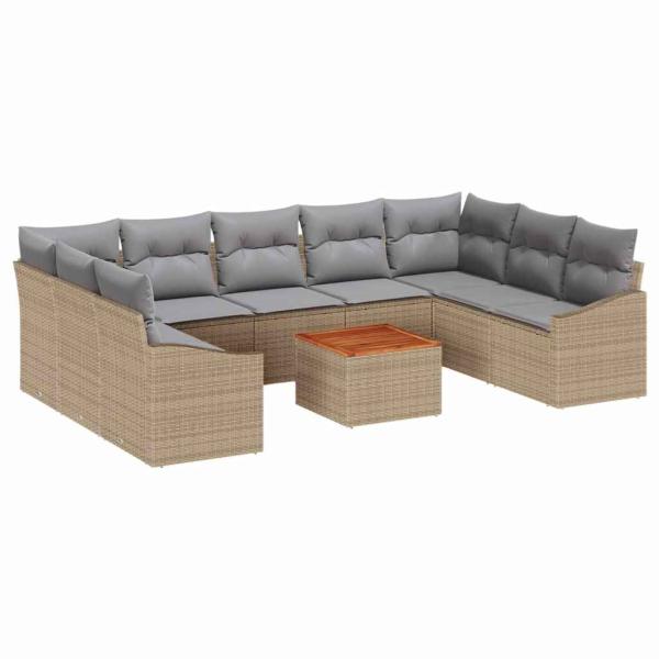 10-teiliges Garten-Sofa-Set mit Kissen Beige Poly-Rattan Akazie