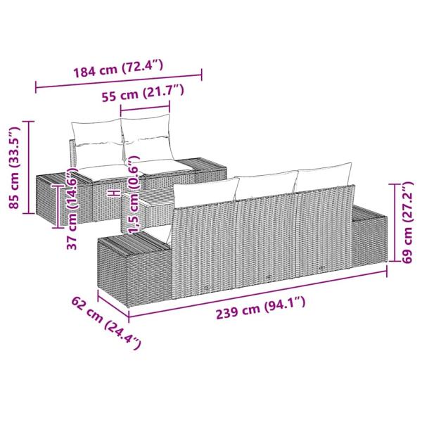 6-teiliges Gartensofa-Set mit Kissen Grau Poly Rattan