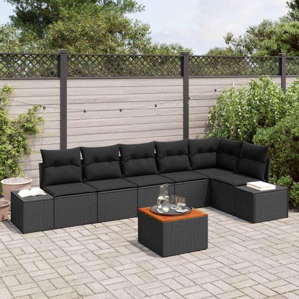 ARDEBO.de - 7 teiliges Garten Sofa Set mit Kissen Schwarz Poly Rattan Akazie