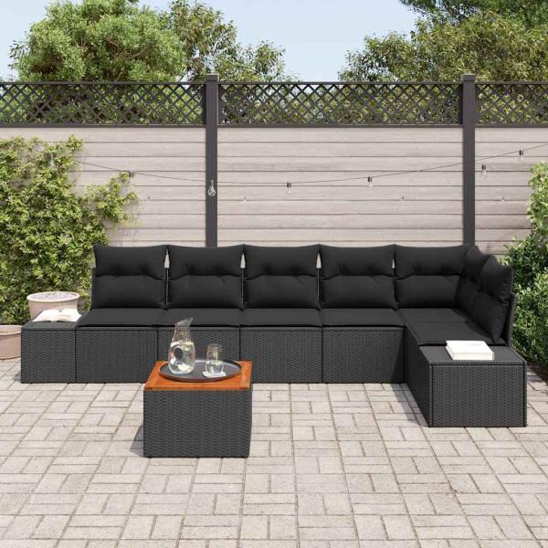 7 teiliges Garten Sofa Set mit Kissen Schwarz Poly Rattan Akazie