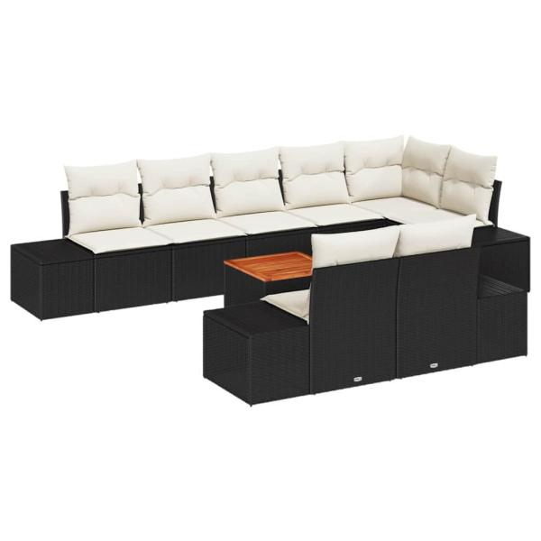 9-teiliges Garten Sofa Set mit Kissen Schwarz Poly Rattan Akazie