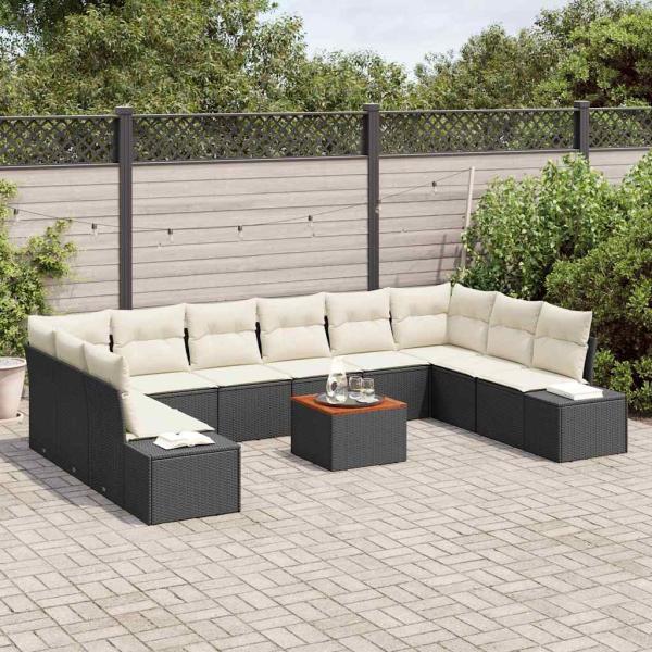 11-teiliges Garten-Sofa-Set mit Kissen Schwarz Poly Rattan Akazie