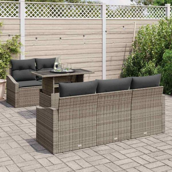6-teiliges Garten-Sofa-Set mit Kissen in Grau aus Poly-Rattan