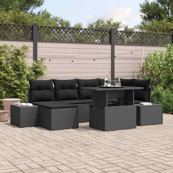 ARDEBO.de - 7-teiliges Garten Sofa Set mit Kissen Schwarz Poly Rattan