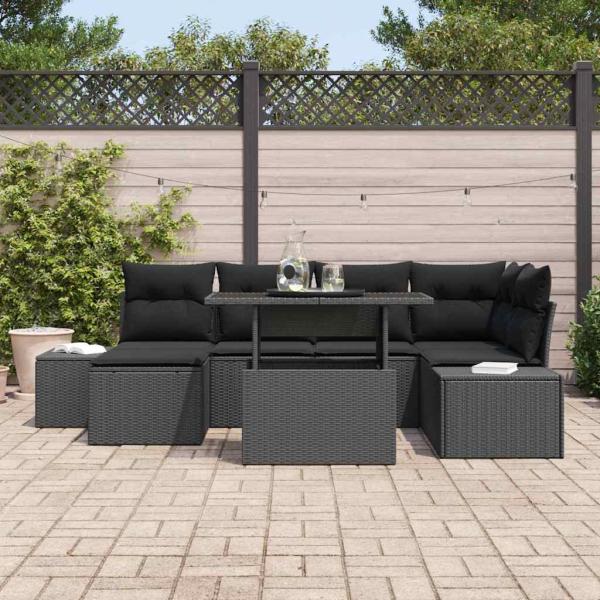 7-teiliges Garten Sofa Set mit Kissen Schwarz Poly Rattan