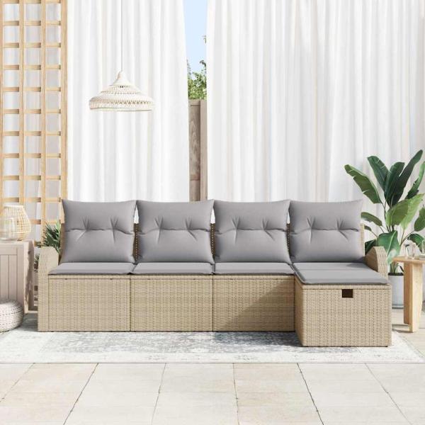 5-teiliges Garten Sofa Set mit Kissen Beige Poly Rattan