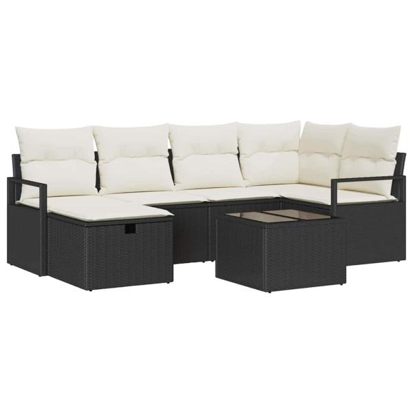 7-teiliges Garten-Sofa-Set mit Kissen Schwarzes Poly-Rattan, 2-Sitzer Garten-Sofa mit Kissen Schwarzes Poly-Rattan