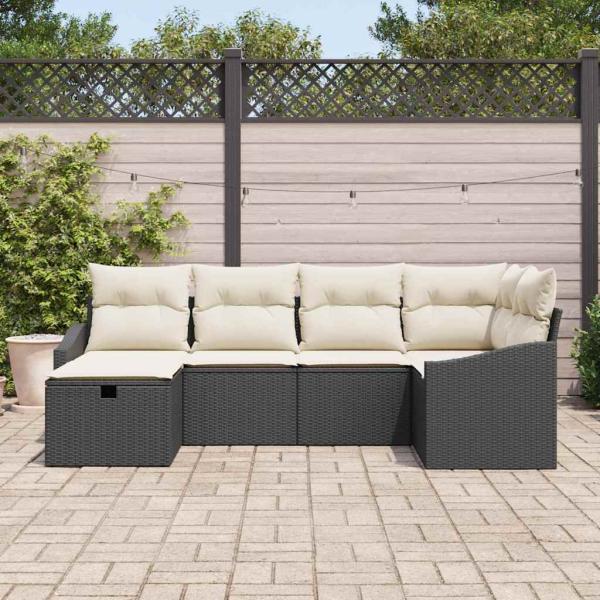 6-teiliges Garten-Sofa-Set mit Kissen Schwarz Poly Rattan