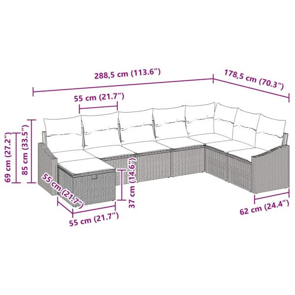 8-teiliges Garten Sofa Set mit Kissen Schwarz Poly Rattan