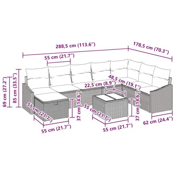 9-teiliges Garten Sofaset mit Kissen Grau Poly Rattan