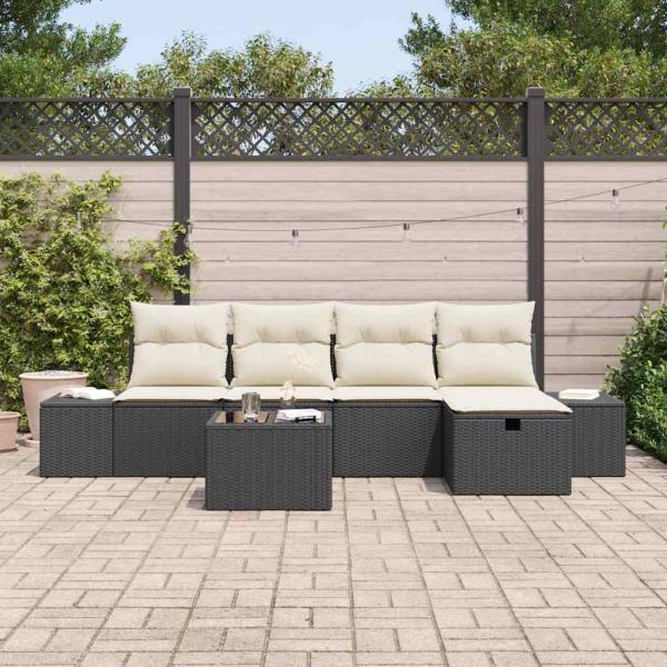 6-teiliges Garten-Sofaset mit Kissen Schwarz Poly-Rattan