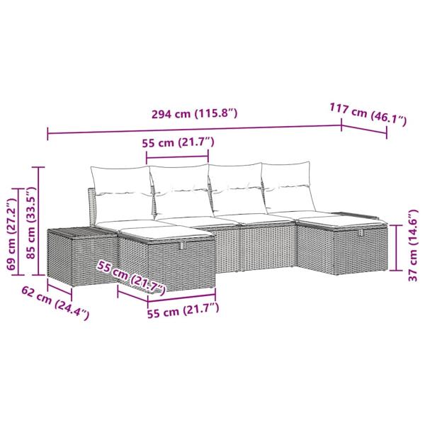 6-teiliges Garten Sofa Set mit Kissen in Schwarz aus Poly-Rattan
