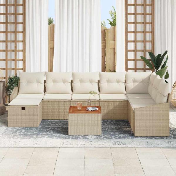 9-teiliges Garten-Sofa-Set mit Kissen Beige Poly Rattan