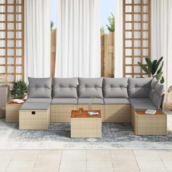 8-teiliges Garten-Sofa-Set mit Kissen Beige Poly Rattan