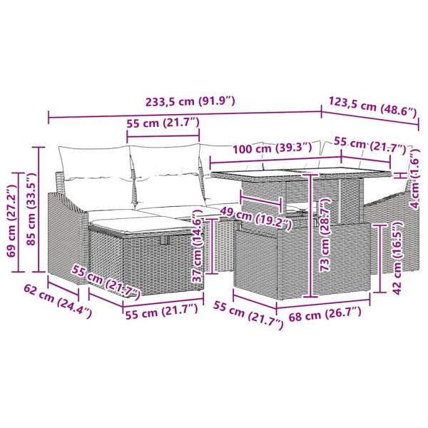 7-teilige Garten Sofa Set mit Kissen Beige Poly Rattan