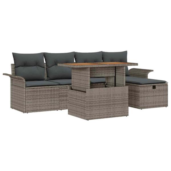 6-teiliges Garten Sofa Set mit Kissen Grau Poly Rattan