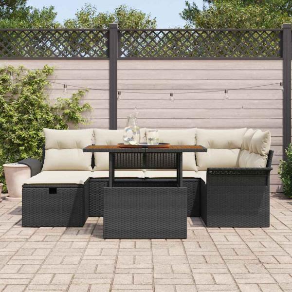 7-teiliges Garten Sofa Set mit Kissen Schwarz Poly-Rattan