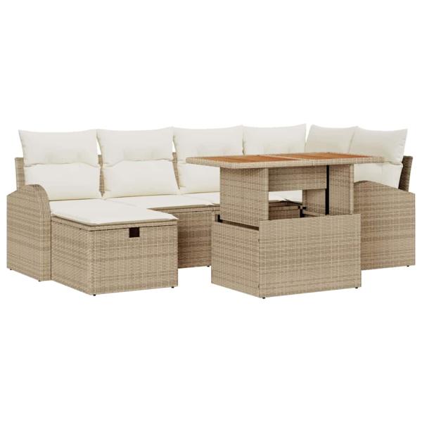 7-teiliges Garten Sofaset mit Kissen Beige Poly Rattan