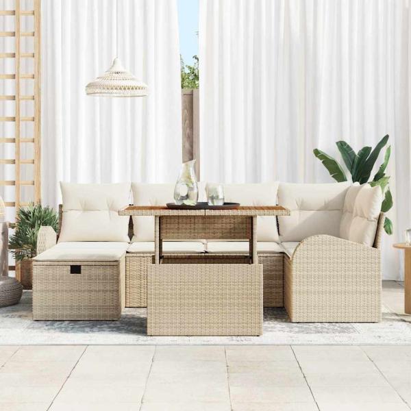 7-teiliges Garten Sofaset mit Kissen Beige Poly Rattan