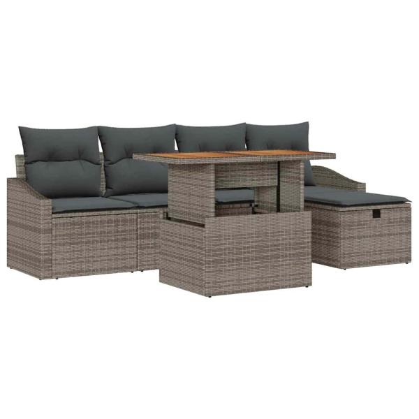 6-teiliges Garten Sofagarnitur mit Kissen Grau Poly Rattan