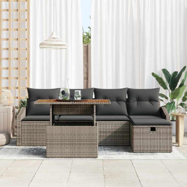 6-teiliges Garten Sofagarnitur mit Kissen Grau Poly Rattan