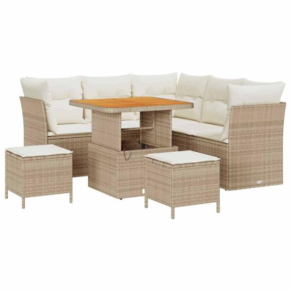 8-teiliges Garten Sofa Set mit Kissen Beige Poly Rattan Akazie, 3-teiliges Garten Esszimmer Set mit Kissen Beige Poly Rattan Akazie
