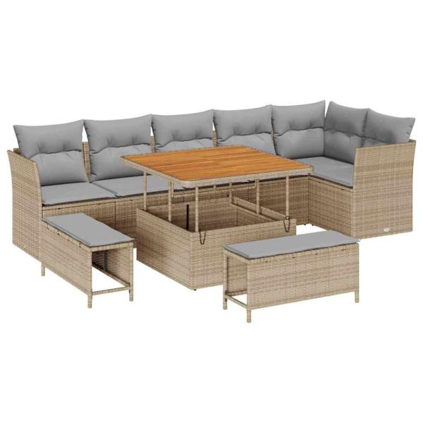 9-teiliges Garten Sofa Set mit Kissen Beige Poly Rattan Akazie, 3-teiliges Garten Esszimmer Set mit Kissen Beige Poly Rattan Akazie