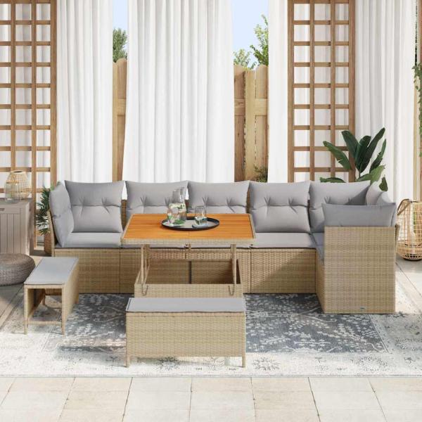 9-teiliges Garten Sofa Set mit Kissen Beige Poly Rattan Akazie, 3-teiliges Garten Esszimmer Set mit Kissen Beige Poly Rattan Akazie