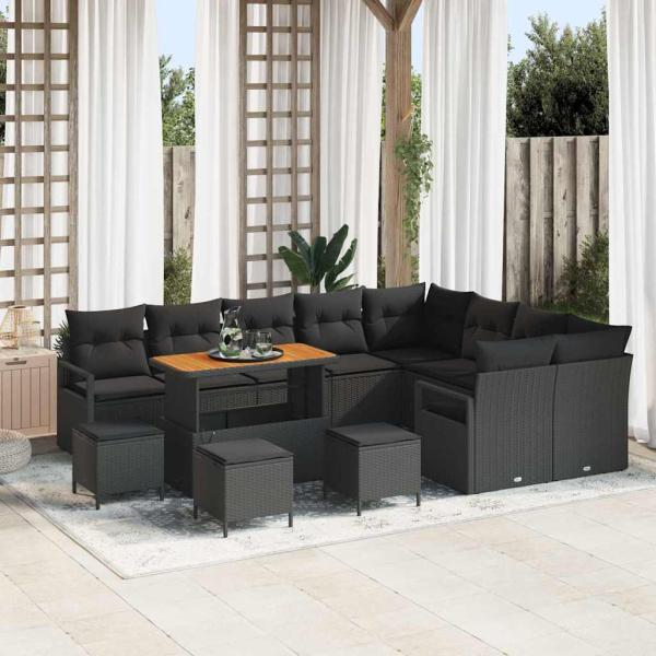 ARDEBO.de - 13-teiliges Garten Sofa Set mit Kissen Schwarz Poly Rattan Akazie, 2-Sitzer Garten Sofa mit Stauraum & Kissen Schwarz Poly Rattan, 4-teiliges Garten Essset mit Kissen Schwarz Poly Rattan Akazie