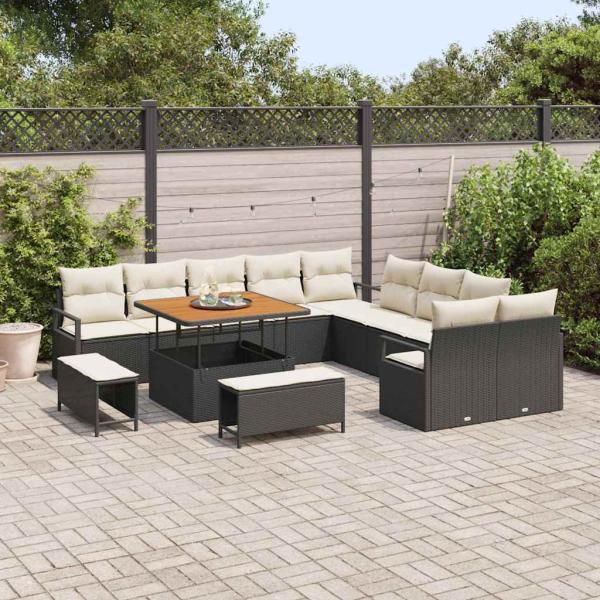 13-teiliges Garten-Sofa-Set mit Kissen Schwarz Poly Rattan Akazie, 2-Sitzer Garten-Sofa mit Stauraum & Kissen Schwarz Poly Rattan, 3-teiliges Garten-Dining-Set mit Kissen Schwarz Poly Rattan Akazie
