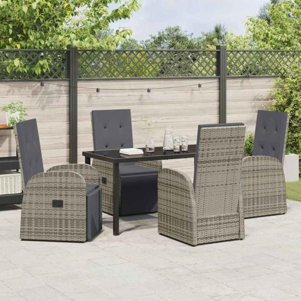 5-teiliges Garten-Essset mit Kissen aus grauem Poly-Rattan