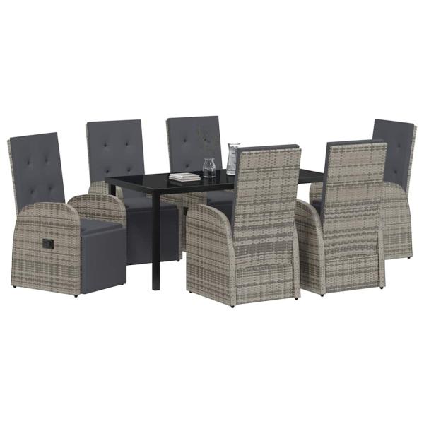 7-teiliges Garten-Essgruppen-Set mit Kissen Grau Poly Rattan