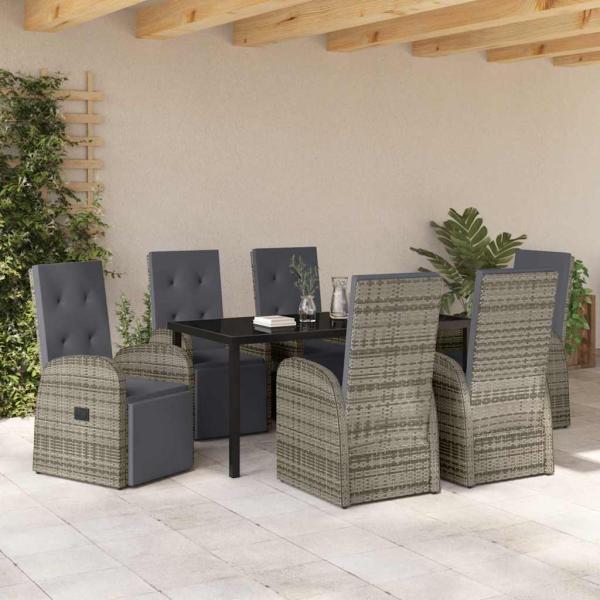 7-teiliges Garten-Essgruppen-Set mit Kissen Grau Poly Rattan