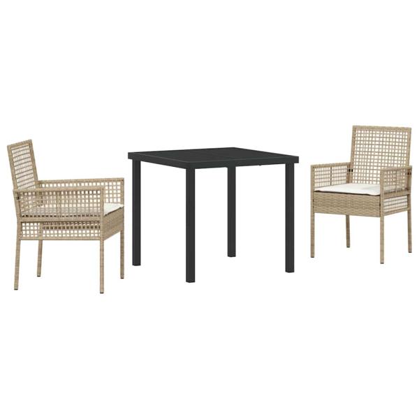 3-teiliges Garten Esszimmer Set mit Kissen Beige Poly Rattan