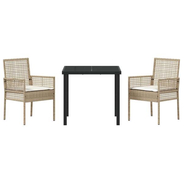 3-teiliges Garten Esszimmer Set mit Kissen Beige Poly Rattan
