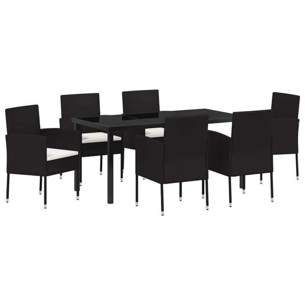 7-teiliges Garten-Essgruppenset mit Kissen Schwarz Poly-Rattan