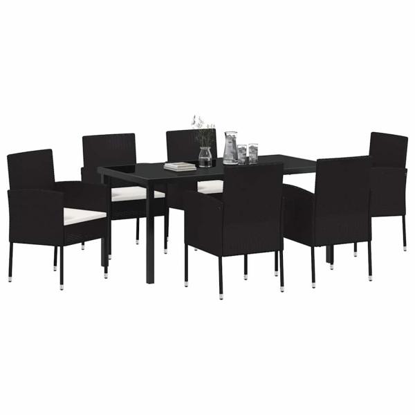 7-teiliges Garten-Essgruppenset mit Kissen Schwarz Poly-Rattan