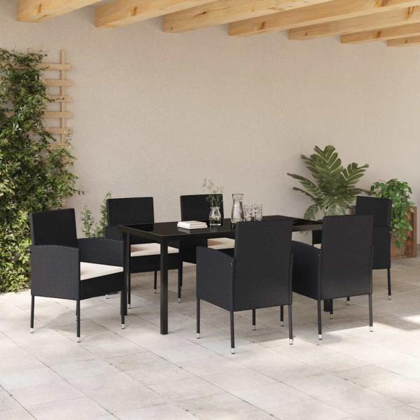 7-teiliges Garten-Essgruppenset mit Kissen Schwarz Poly-Rattan