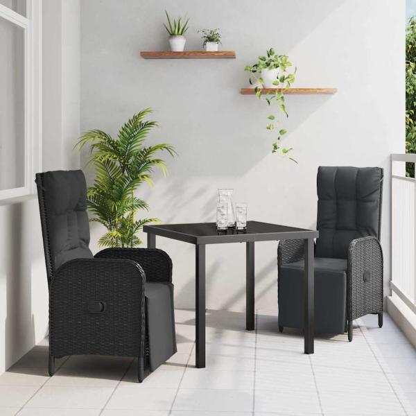 ARDEBO.de - 3-teiliges Garten-Ess-Set mit Kissen Schwarz Poly-Rattan