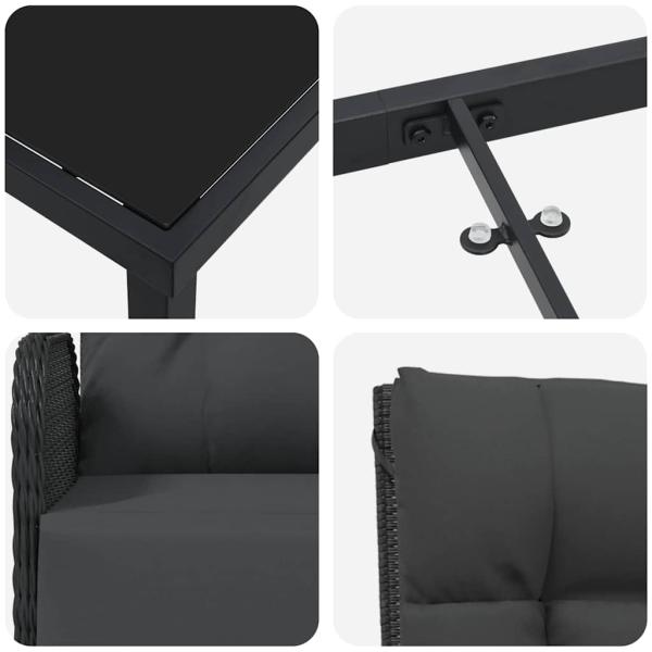 3-teiliges Garten-Ess-Set mit Kissen Schwarz Poly-Rattan