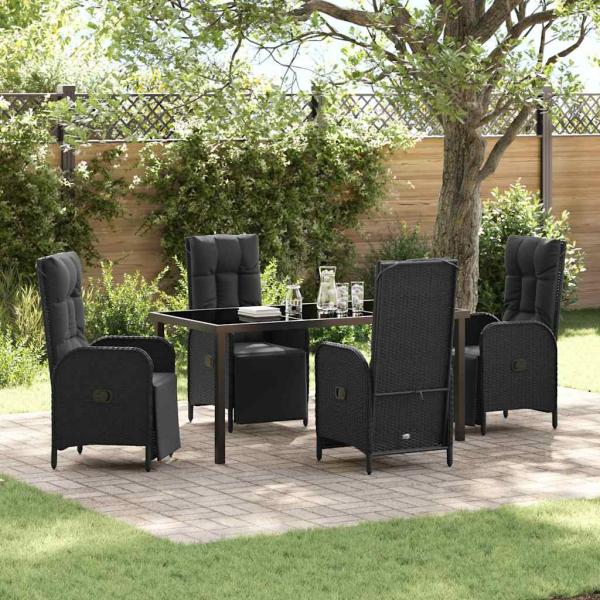 ARDEBO.de - 5-teiliges Garten-Essset mit Kissen Schwarz Poly-Rattan