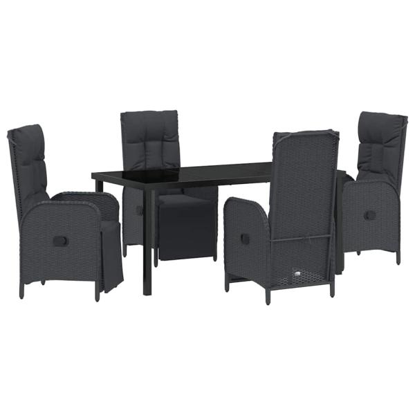 5-teiliges Garten-Essset mit Kissen Schwarz Poly-Rattan