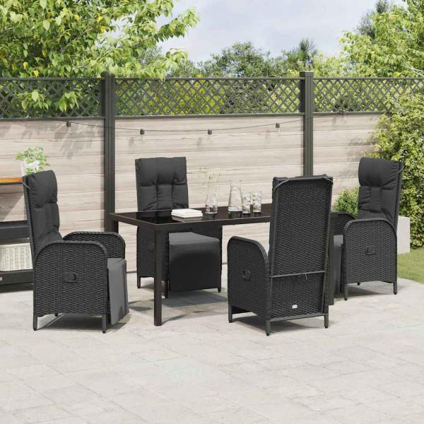 5-teiliges Garten-Essset mit Kissen Schwarz Poly-Rattan