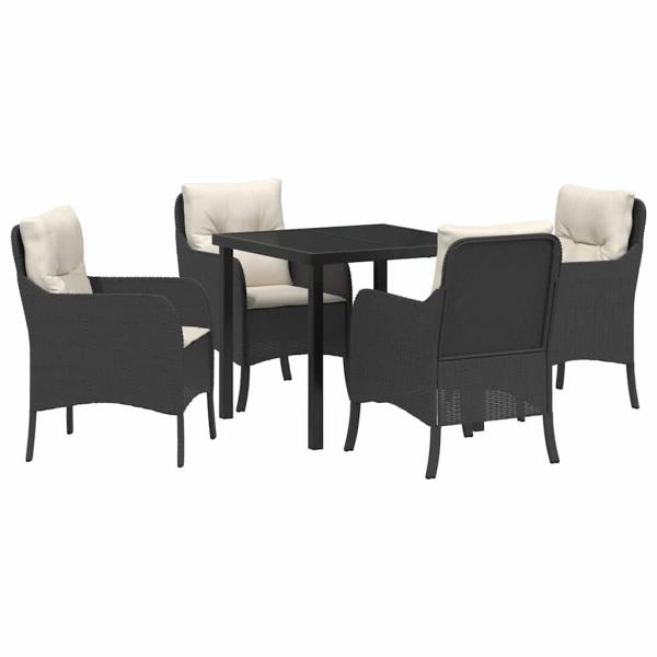 5-teiliges Garten-Ess-Set mit Kissen in Schwarz Poly-Rattan