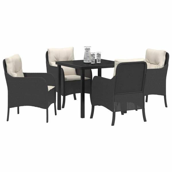 5-teiliges Garten-Ess-Set mit Kissen in Schwarz Poly-Rattan