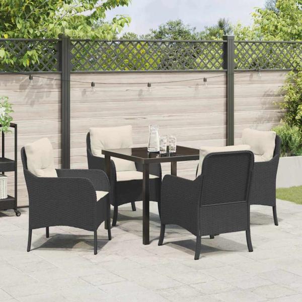 5-teiliges Garten-Ess-Set mit Kissen in Schwarz Poly-Rattan
