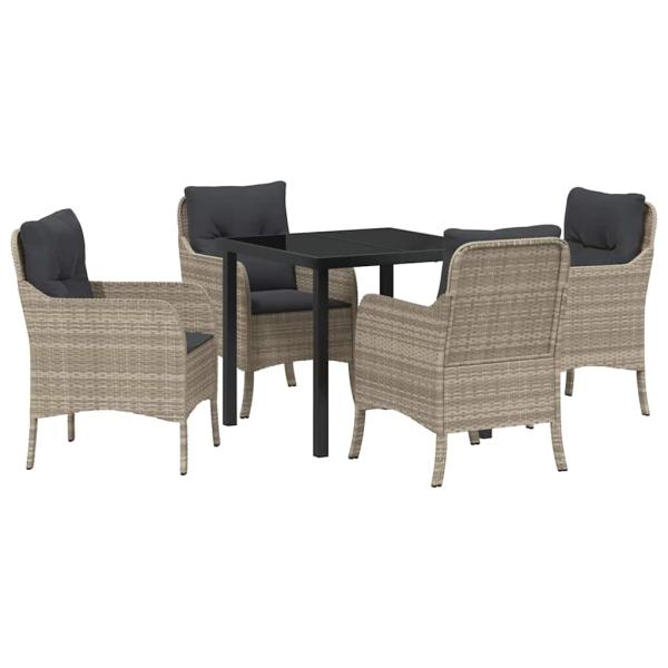 5-teiliges Garten-Ess-Set mit Kissen Hellgrau Poly-Rattan