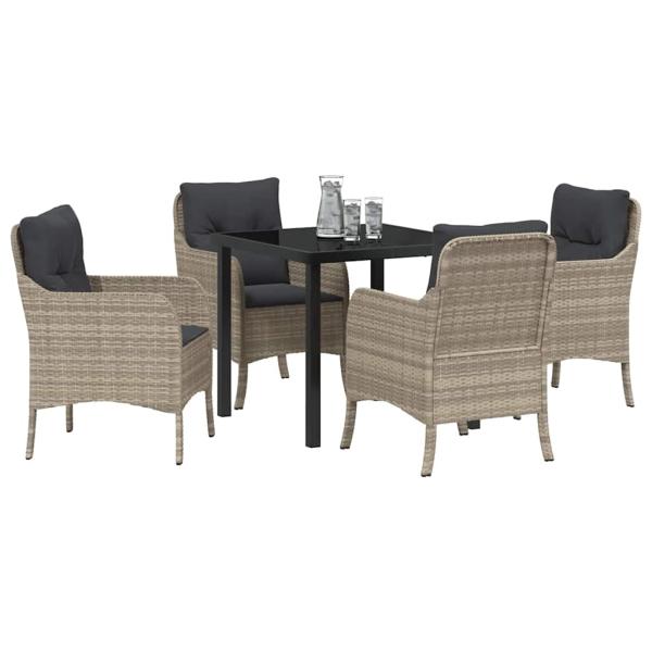 5-teiliges Garten-Ess-Set mit Kissen Hellgrau Poly-Rattan