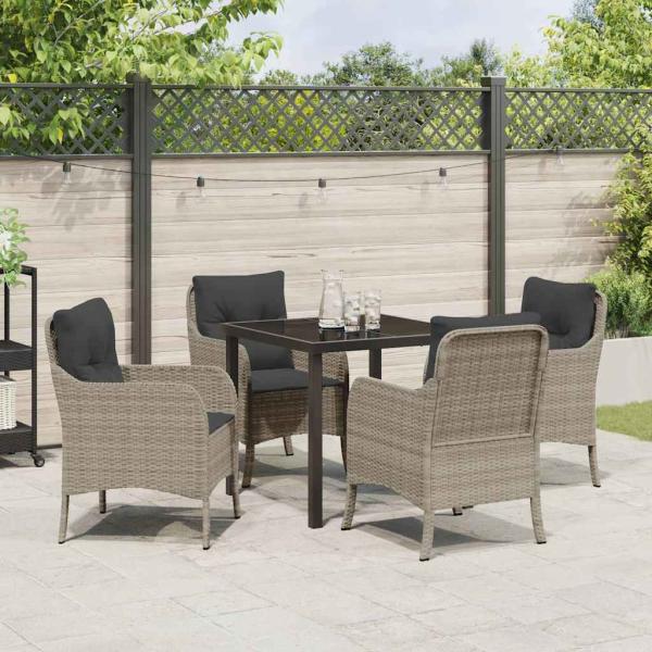 5-teiliges Garten-Ess-Set mit Kissen Hellgrau Poly-Rattan
