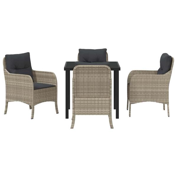 5-teiliges Garten-Ess-Set mit Kissen Hellgrau Poly-Rattan